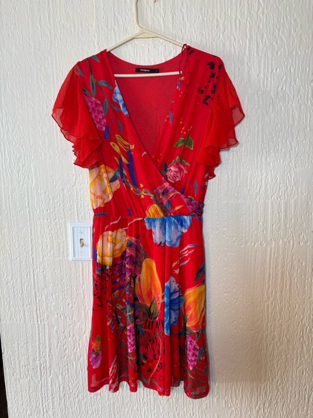 Desigual Red Floral V-Neck Mini Dress with Flutter Sleeves Women Size Large